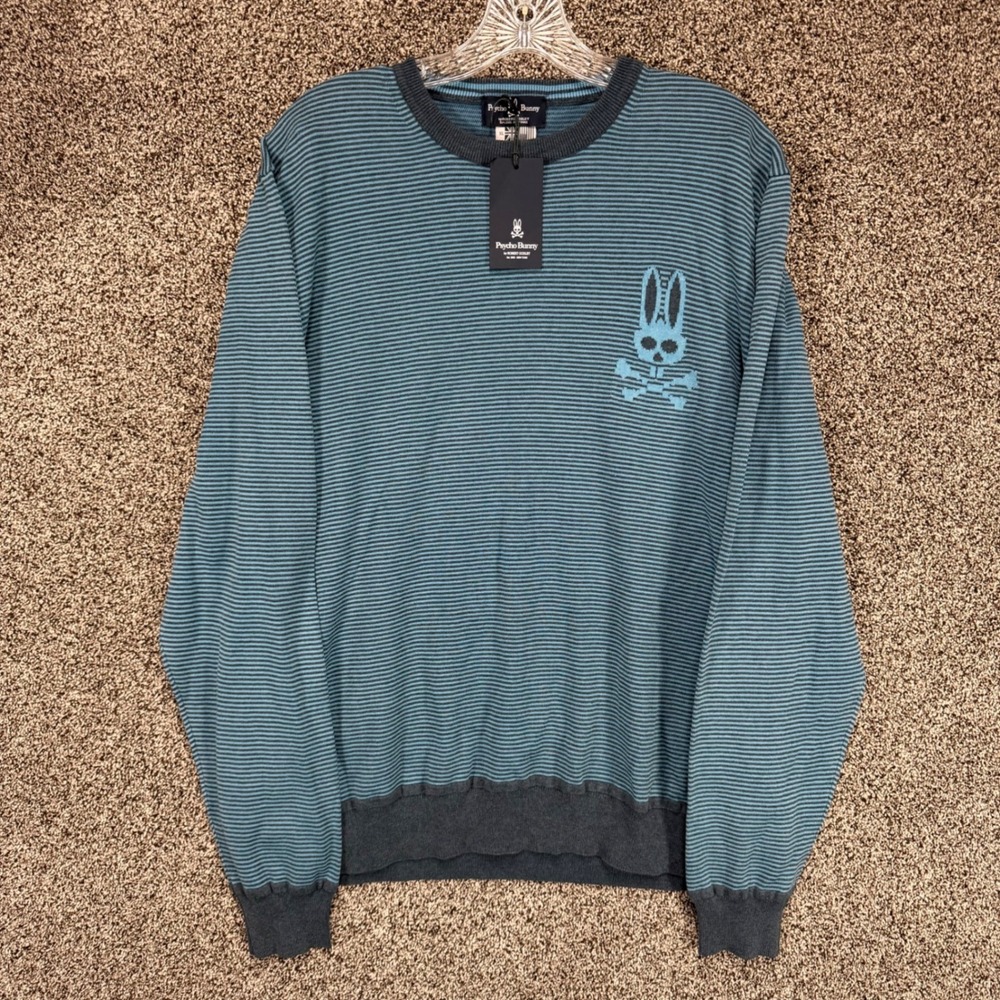Psycho Bunny Sweater Mens XL Blue Striped Cotton Crewneck Pullover Big Logo